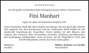 Todesanzeige von Fini Manhart von merkurtz