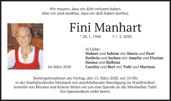Todesanzeige von Fini Manhart von merkurtz