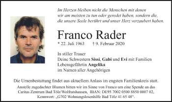 Todesanzeige von Franco Rader von merkurtz