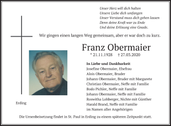 Todesanzeige von Franz Obermaier von merkurtz