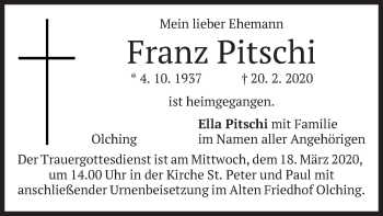 Todesanzeige von Franz Pitschi von merkurtz