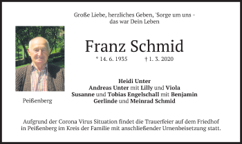 Todesanzeige von Franz Schmid von merkurtz