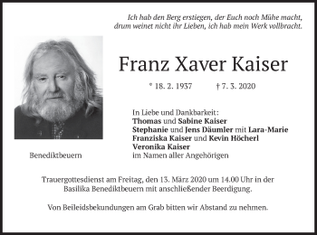 Todesanzeige von Franz Xaver Kaiser von merkurtz