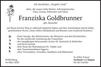Todesanzeige von Franziska Goldbrunner von merkurtz