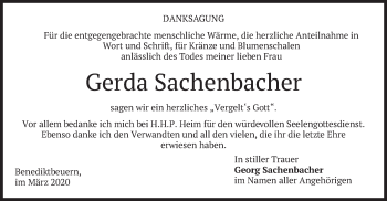 Todesanzeige von Gerda Sachenbacher von merkurtz