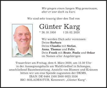 Todesanzeige von Günter Karg von merkurtz