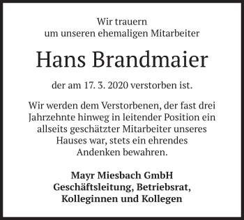 Todesanzeige von Hans Brandmaier von merkurtz