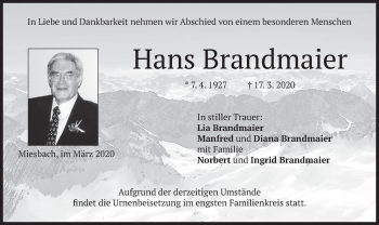 Todesanzeige von Hans Brandmaier von merkurtz
