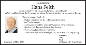 Todesanzeige von Hans Feith von merkurtz