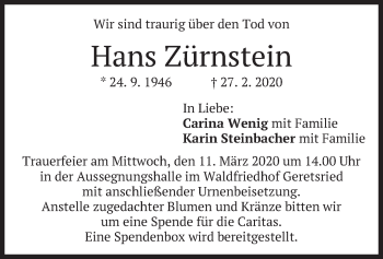 Todesanzeige von Hans Zürnstein von merkurtz