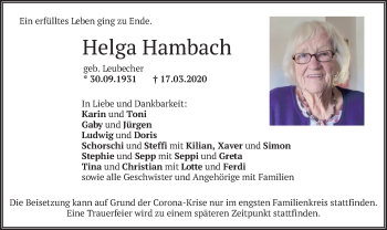 Todesanzeige von Helga Hambach von merkurtz