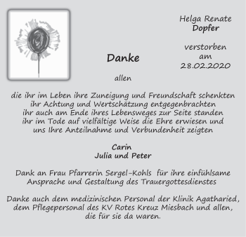 Todesanzeige von Helga Renate Dopfer von merkurtz
