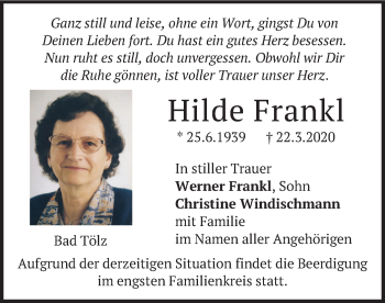 Todesanzeige von Hilde Frankl von merkurtz