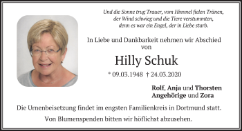 Todesanzeige von Hilly Schuk von merkurtz