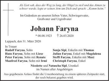 Todesanzeige von Johann Faryna von merkurtz