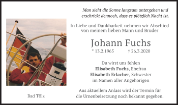 Todesanzeige von Johann Fuchs von merkurtz