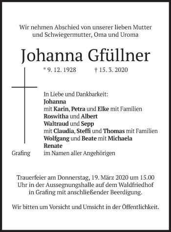 Todesanzeige von Johanna Gfüllner von merkurtz