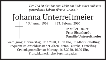 Todesanzeige von Johanna Unterreitmeier von merkurtz