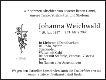 Todesanzeige von Johanna Weichwald von merkurtz