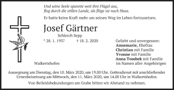 Todesanzeige von Josef Gärtner von merkurtz
