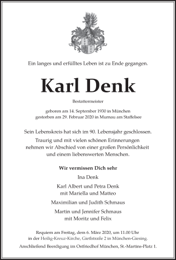 Todesanzeige von Karl Denk von merkurtz