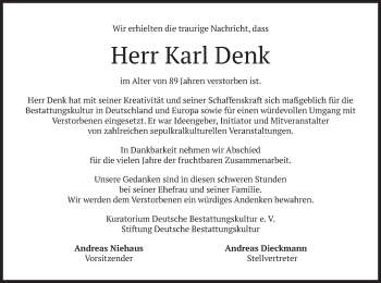Todesanzeige von Karl Denk von merkurtz