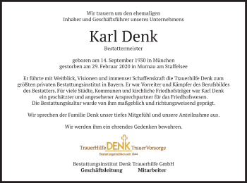 Todesanzeige von Karl Denk von merkurtz