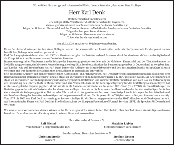 Todesanzeige von Karl Denk von merkurtz