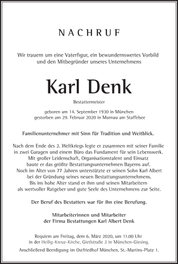 Todesanzeige von Karl Denk von merkurtz