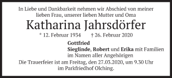 Todesanzeige von Katharina Jahrsdörfer von merkurtz