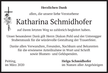 Todesanzeige von Katharina Schmidhofer von merkurtz