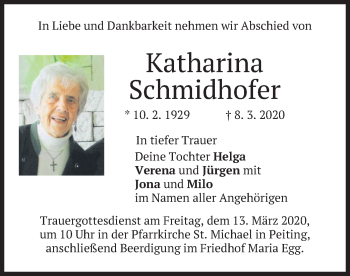 Todesanzeige von Katharina Schmidthofer von merkurtz