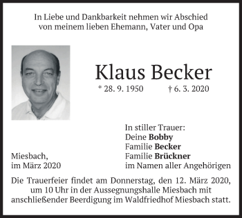 Todesanzeige von Klaus Becker von merkurtz