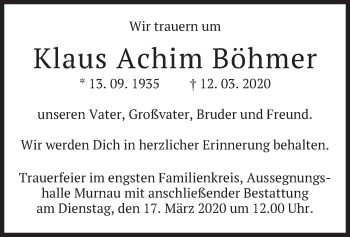 Todesanzeige von Klaus Achim Böhmer von merkurtz