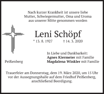 Todesanzeige von Leni Schöpf von merkurtz