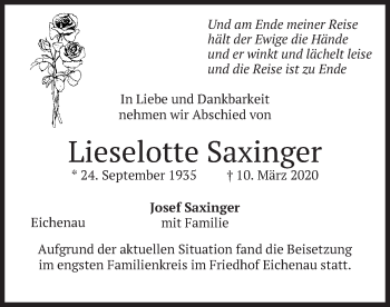 Todesanzeige von Lieselotte Saxinger von merkurtz