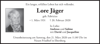 Todesanzeige von Lore Jäger von merkurtz