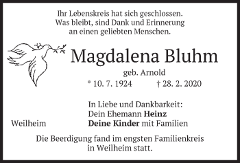 Todesanzeige von Magdalena Bluhm von merkurtz
