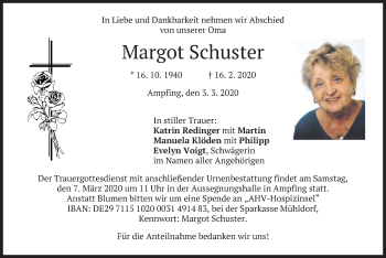 Todesanzeige von Margot Schuster von merkurtz