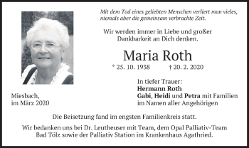 Todesanzeige von Maria Roth von merkurtz