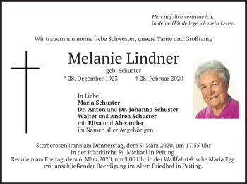 Todesanzeige von Melanie Lindner von merkurtz