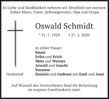 Todesanzeige von Oswald Schmidt von merkurtz