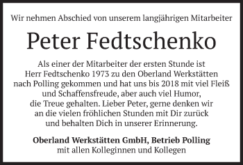 Todesanzeige von Peter Fedtschenko von merkurtz