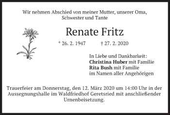 Todesanzeige von Renate Fritz von merkurtz