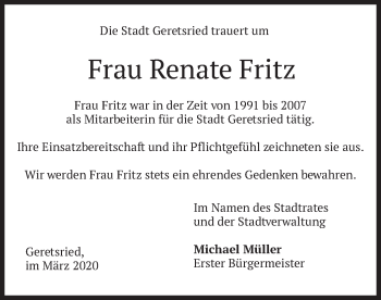 Todesanzeige von Renate Fritz von merkurtz