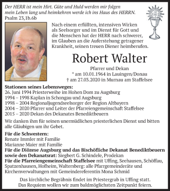 Todesanzeige von Robert Walter von merkurtz