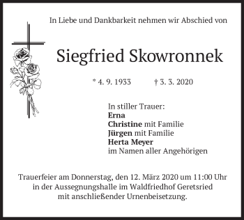 Todesanzeige von Siegfried Skowronnek von merkurtz