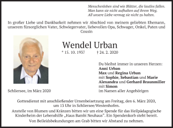 Todesanzeige von Wendel Urban von merkurtz