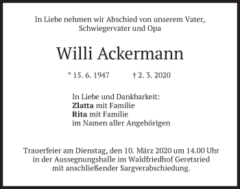 Todesanzeige von Willi Ackermann von merkurtz