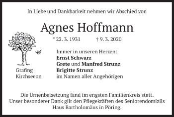 Todesanzeige von Agnes Hoffmann von merkurtz